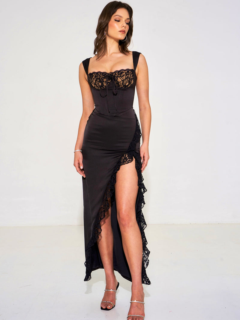 Black Lace and 3D Rosette Long Train Prom Dress - Promfy